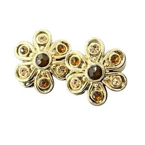 Brown Rhinestone Gold Tone Flower Clip On Earrings